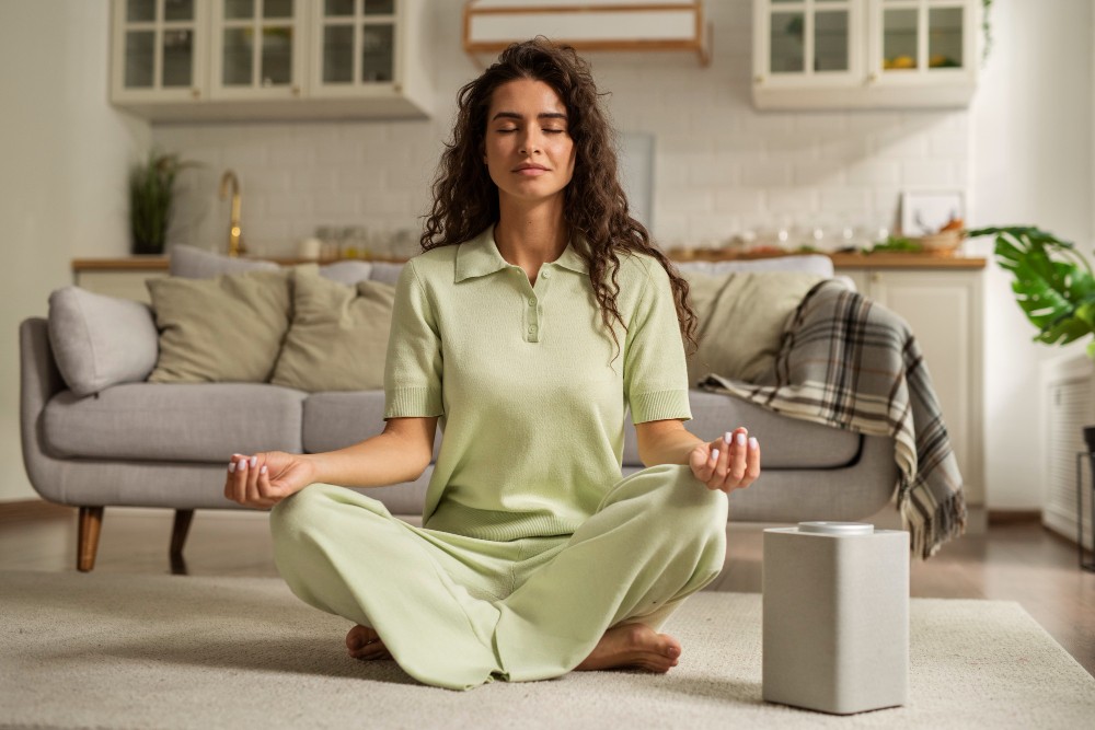 žena medituje doma v obývačke