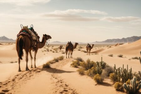 Ťavy na púšti Sahara v Tunisku