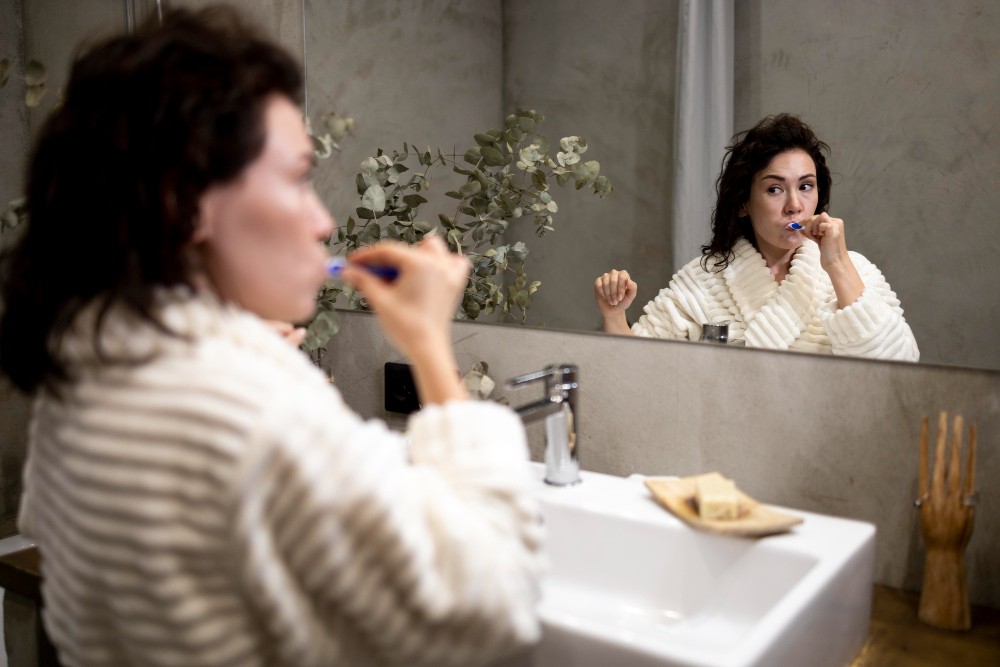 žena si umýva zuby pred zrkadlom