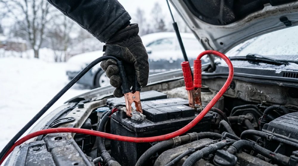 Štartovanie auta z prepojovacích káblov v chladnom počasí