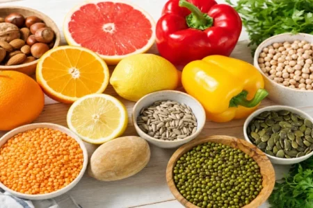 Čerstvé potraviny bohaté na vitamín C a zinok - citrusy, paprika, orechy, semienka a strukoviny na svetlom drevenom stole