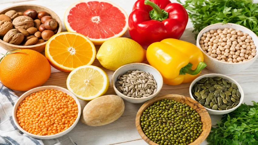 Čerstvé potraviny bohaté na vitamín C a zinok - citrusy, paprika, orechy, semienka a strukoviny na svetlom drevenom stole
